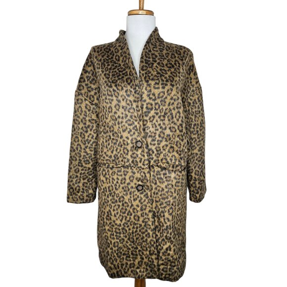 Old Navy Leopard Print Long Line Cardigan Coat Wool Blend Buttoned Unlined MP - Picture 2 of 14